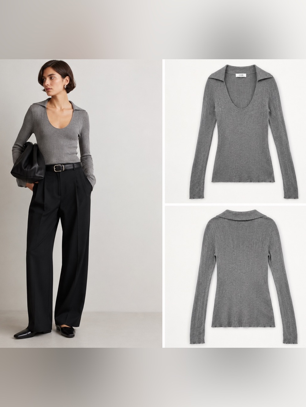 COS Ribbed Open-Collar Scoop Neck Long Sleeve Top Gray S